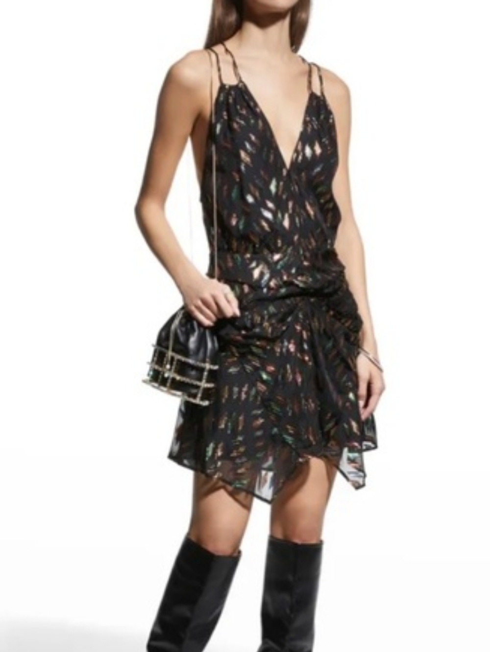 IRO Cherrie Silk Black Metallic Colorful Mini V-Neck Dress Boho Chic Luxury 36 S